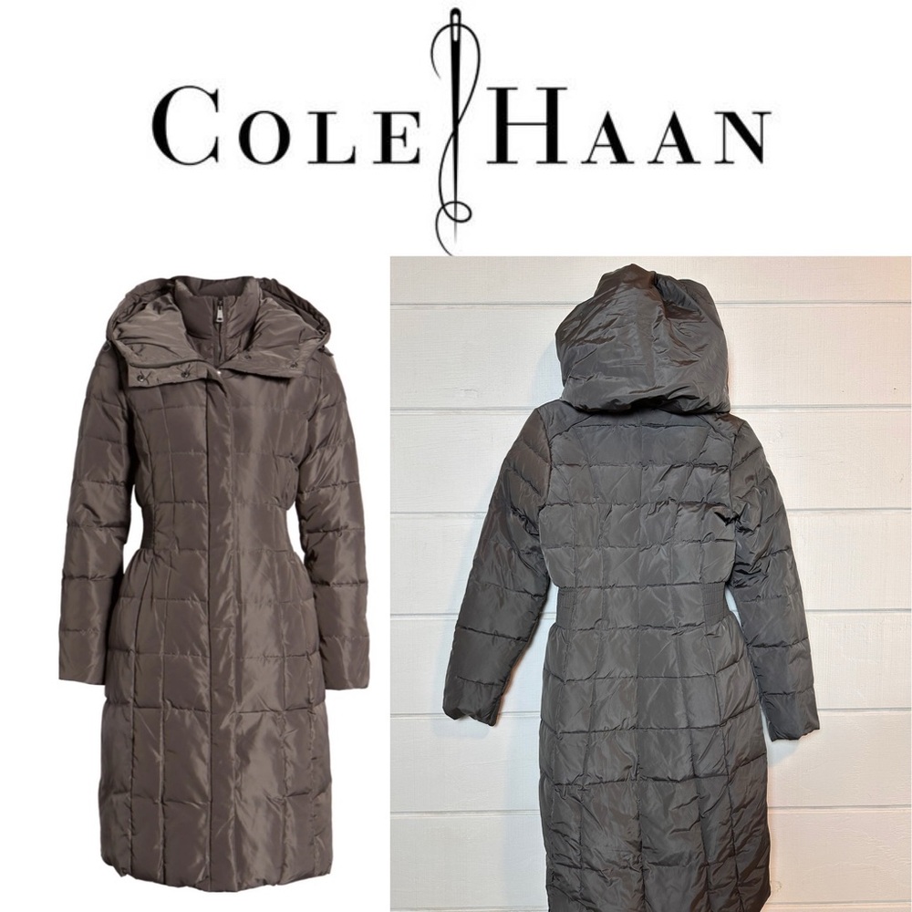 Cole Haan NWT Quilted Mid-Length Down Puffer Coat with Attached Hood XS Grey